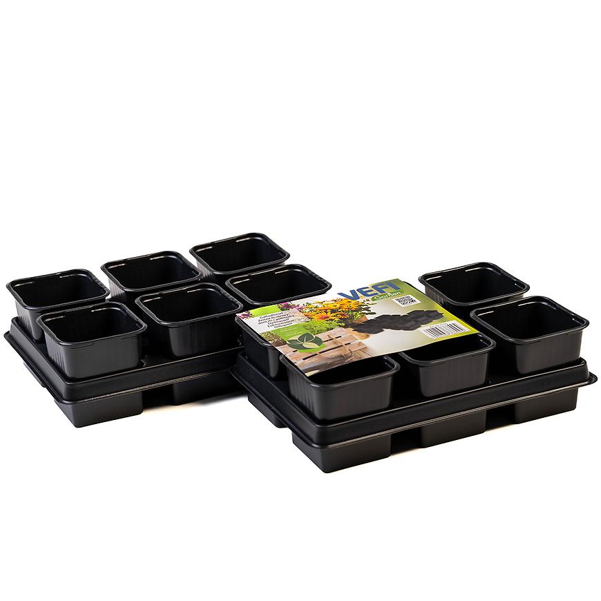 E-shop Dvojdielna sada - 12 ks kvetináčov na sadenice 8 cm + 2 podmisky čierna