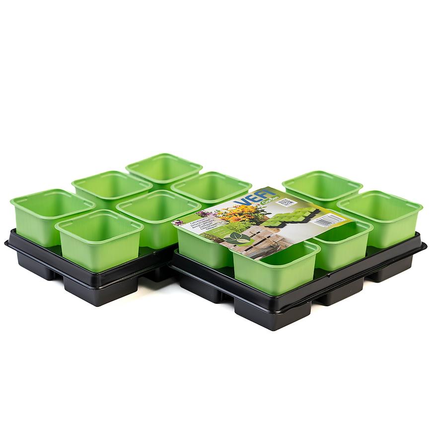 E-shop Dvojdielná sada - 12 ks kvetináčov na sadenice 8cm zelený + podmiska
