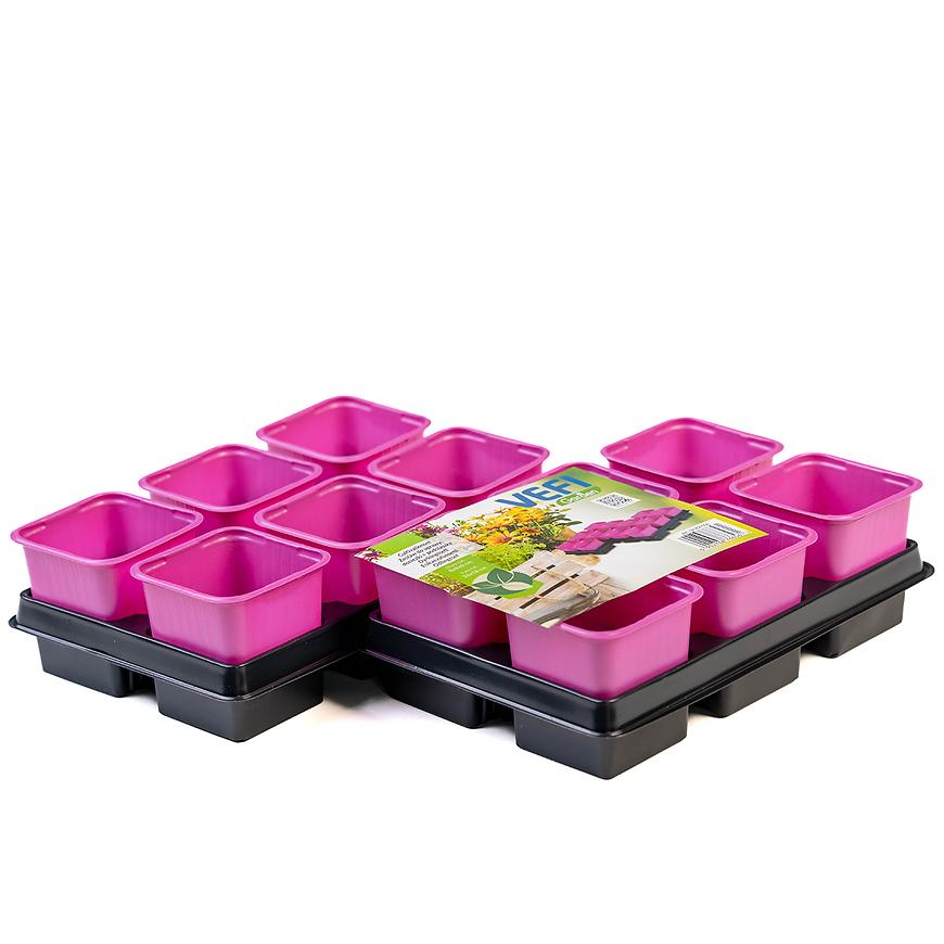 E-shop Dvojdielná sada - 12 ks kvetináčov na sadenice 8 cm ružový + podmiska
