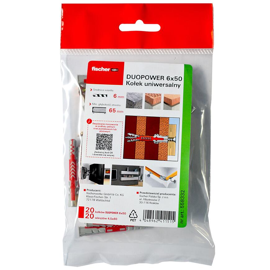 E-shop Univerzálne hmoždinky DuoPower 6x50 so skrutkou, 20 ks, v polybagovom vrecku