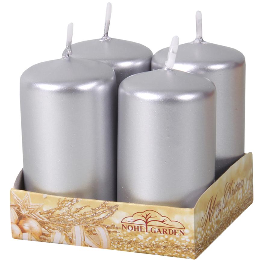 E-shop Adventná sviečka metalická lesklá d4x6 cm strieborná 4 ks