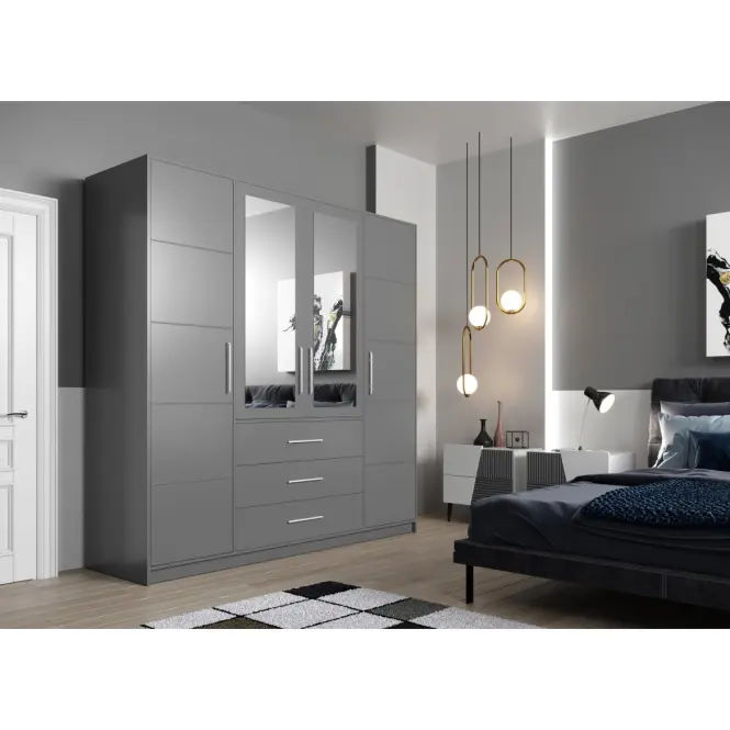 Skriňa Bali D4 196 cm so zrkadlom – grafit, štvordverová, zásuvky