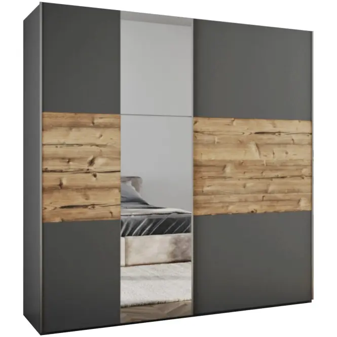 Skriňa s posuvnými dverami Bastia Lux 200 cm so zrkadlom – grafit/smrek alpský, dvojdverová