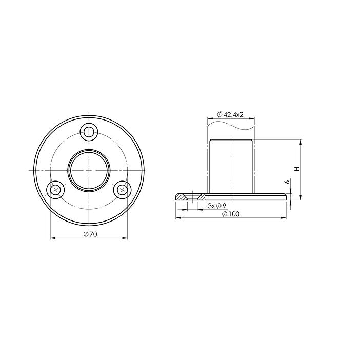 Montážna noha 42.4x2mm nehrdz. Oceľ aisi304