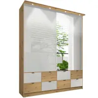 Skriňa s posuvnými dverami Malaga so zrkadlom 200 cm – biela/artisan, dvojdverová, zásuvky
