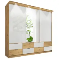 Skriňa s posuvnými dverami Malaga so zrkadlom 250 cm – biela/artisan, trojdverová, zásuvky