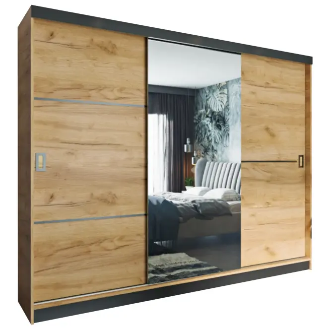 Skriňa s posuvnými dverami Retro 2L 200 cm so zrkadlom – dub craft zlatý, trojdverová