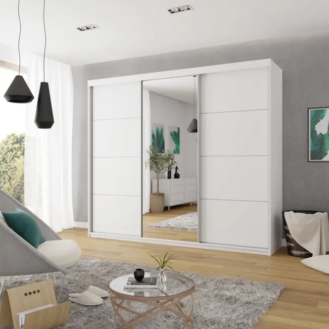 Skriňa s posuvnými dverami Top 23 plus 250cm so zrkadlom – biela, trojdverová
