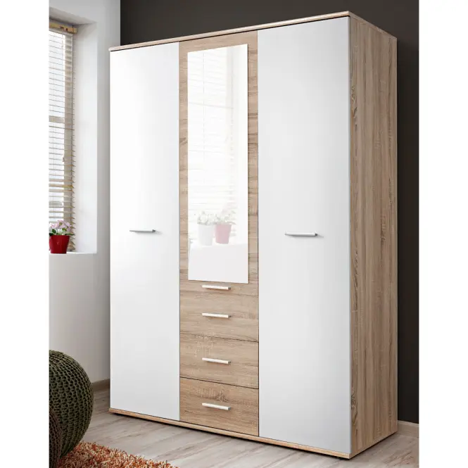 Skriňa Dino 135 cm so zrkadlom – sonoma/biela, trojdverová, zásuvky