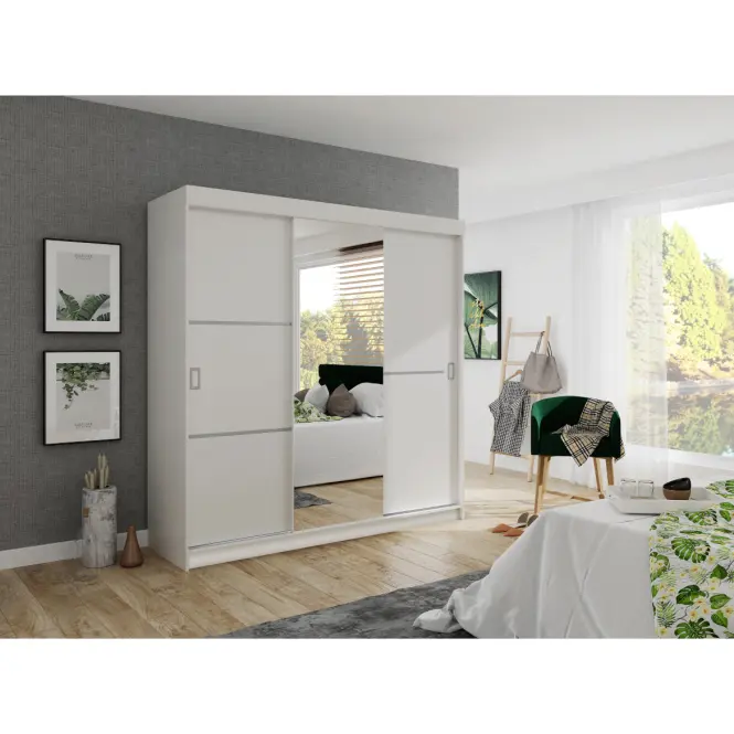 Skriňa s posuvnými dverami Bill 2 200 cm so zrkadlom – biela, trojdverová