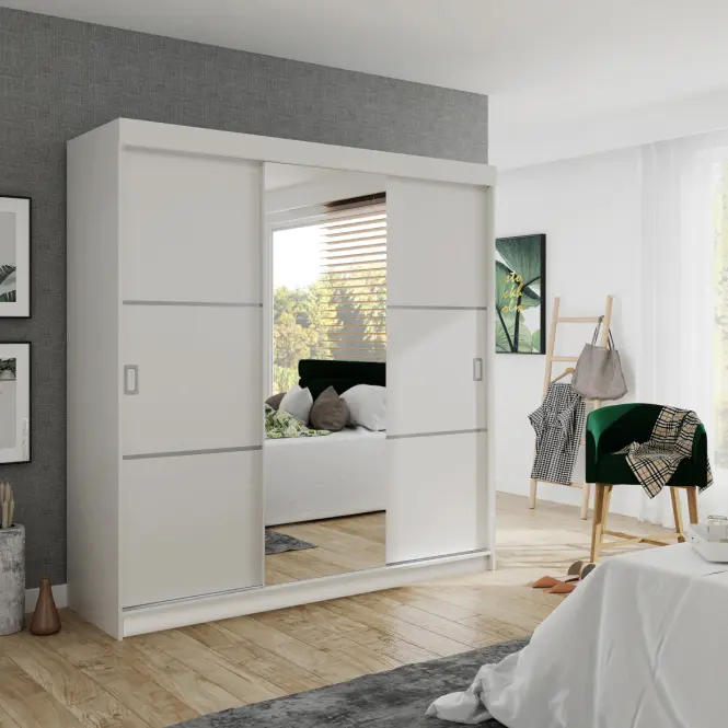 Skriňa s posuvnými dverami Bill 3 200 cm so zrkadlom – biela, trojdverová