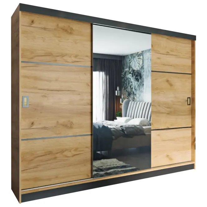 Skriňa s posuvnými dverami Retro 3L 200 cm so zrkadlom – dub craft zlatý, trojdverová