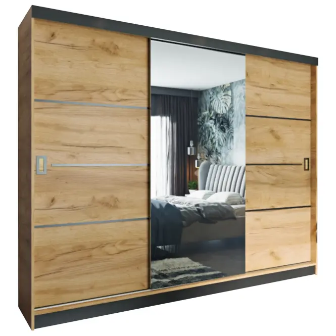Skriňa s posuvnými dverami Retro 4L 200 cm so zrkadlom – dub craft zlatý, trojdverová