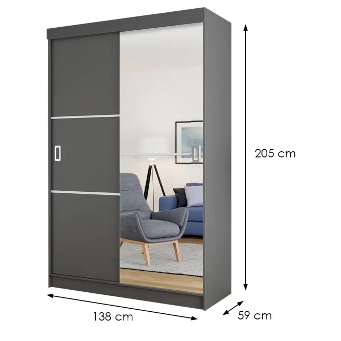 Skriňa s posuvnými dverami Bill 2L 138 cm so zrkadlom – grafit, dvojdverová,2