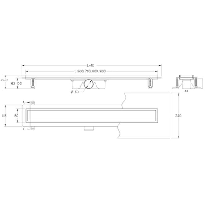 Odtokový žľab Reverzibilné Duplex čierna Abs+Inox 900