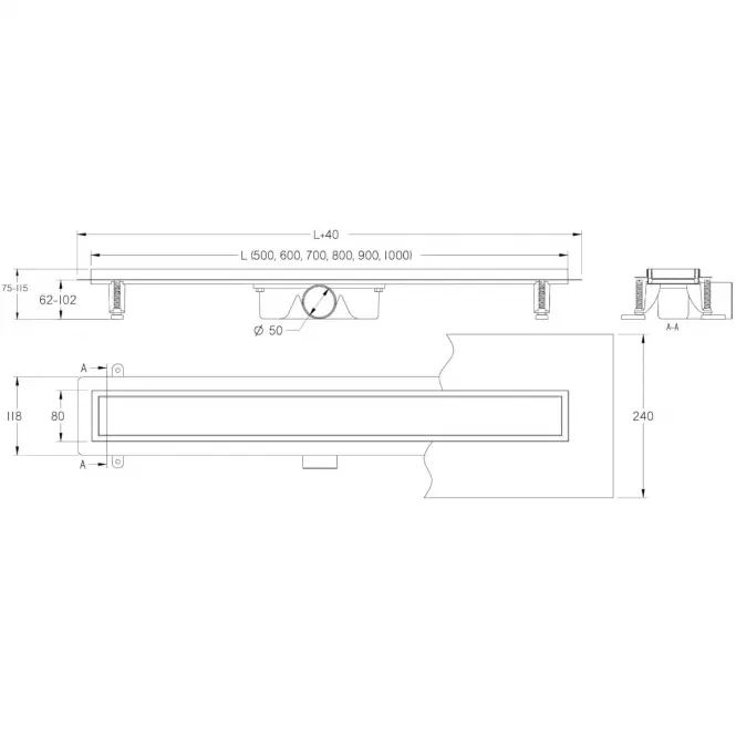 Odtokový žľab Reverzibilné Duplex Inox Dlaž / satén 500