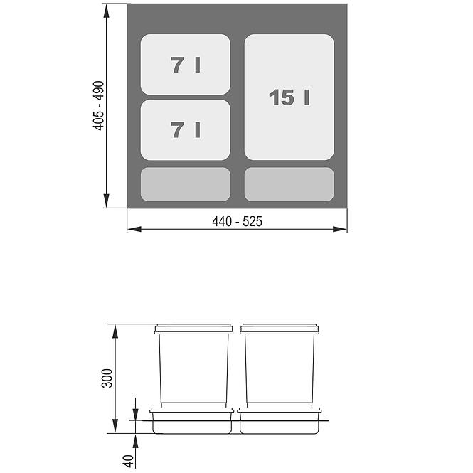 Nádoba na odpad Praktiko 60 trojdielna (1x15l + 2x7l)