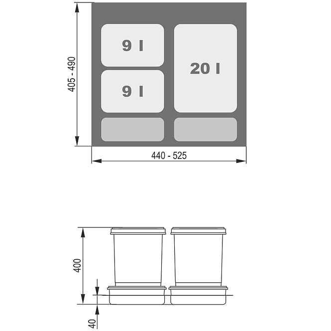Nádoba na odpad Praktiko 60 trojdielna (1x20l + 2x9l)