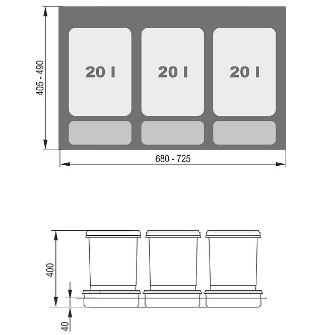 Nádoba na odpad Praktiko 80 trojdielna 3x20l