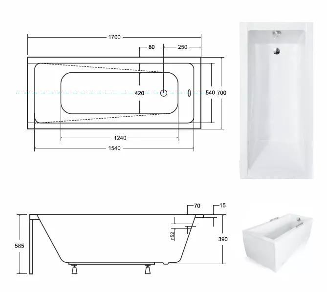Vaňa Modern slim 170/70 + nohy
