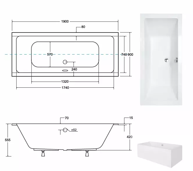 Vaňa Quadro Slim 190/90 + nohy,3