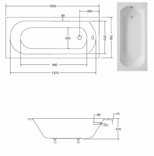 Vaňa Intrica slim 150/75 + nohy,3
