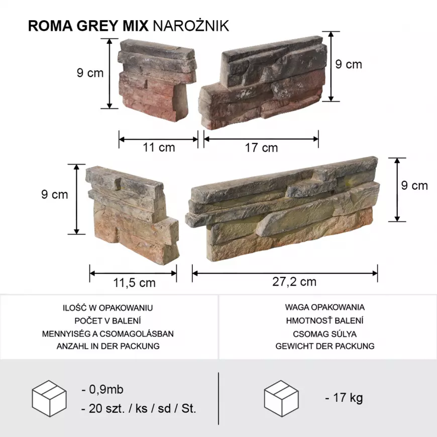 Betónový obkladový kameň Roma Gray Mix rohový