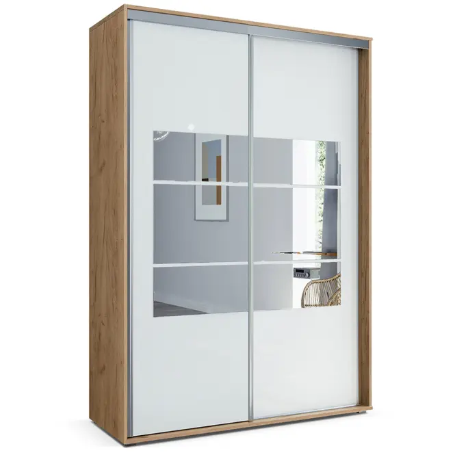 Skriňa s posuvnými dverami Emilia 150 cm so zrkadlom – craft zlatý/biela, dvojdverová