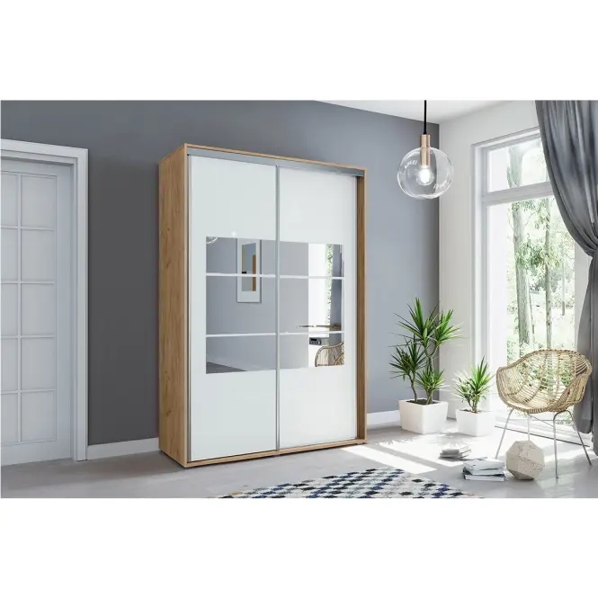 Skriňa s posuvnými dverami Emilia 150 cm so zrkadlom – craft zlatý/biela, dvojdverová,4