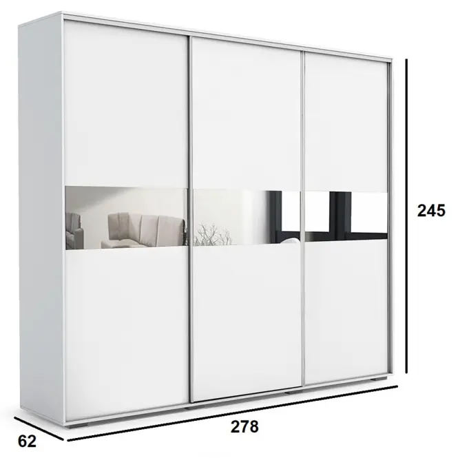 Skriňa s posuvnými dverami Daria 278 cm so zrkadlom – biela, trojdverová