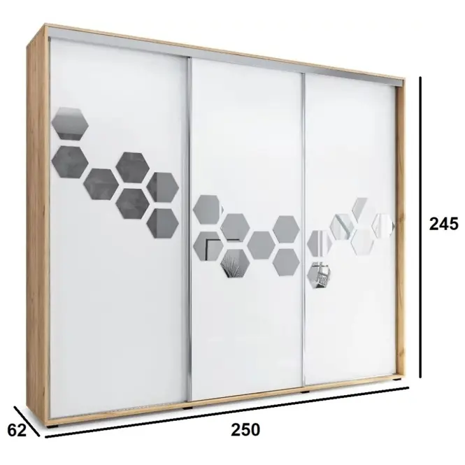 Skriňa s posuvnými dverami Wanda 250 cm so zrkadlom – craft zlatý/biela, trojdverová,2