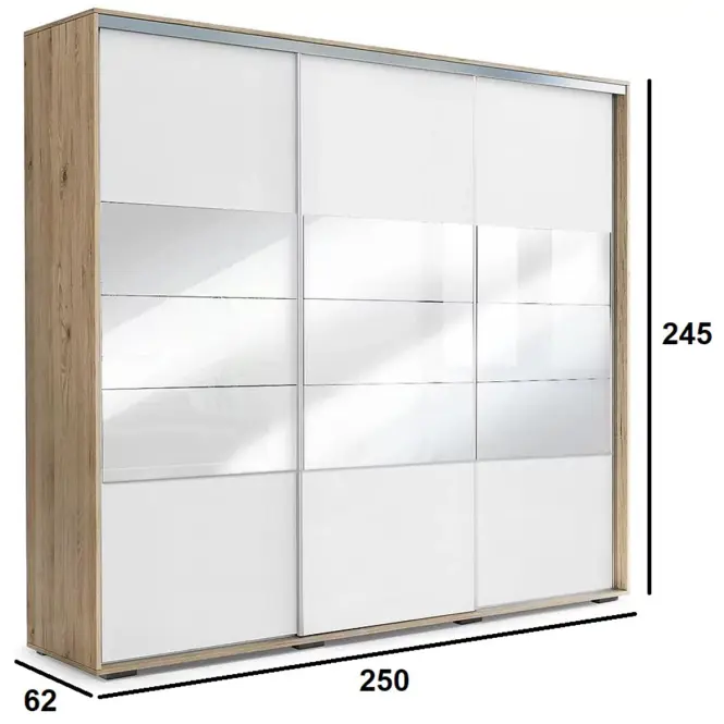 Skriňa s posuvnými dverami Milena so zrkadlom 250 cm – craft zlatý/biela, trojdverová