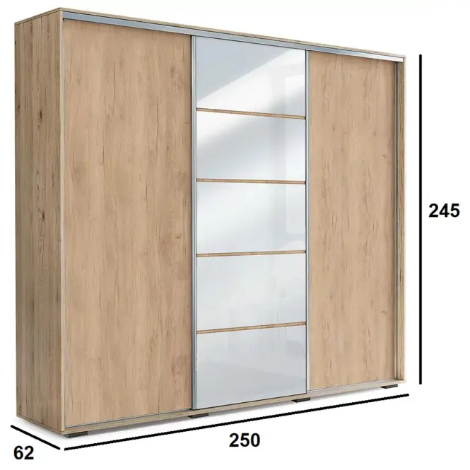 Skriňa s posuvnými dverami Alicja 250 cm so zrkadlom – craft zlatý/biela lacobel, trojdverová