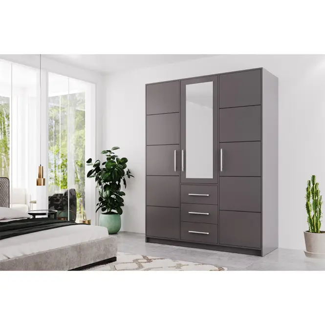 Skriňa Bali D3 147 cm so zrkadlom – grafit, trojdverová, zásuvky,4