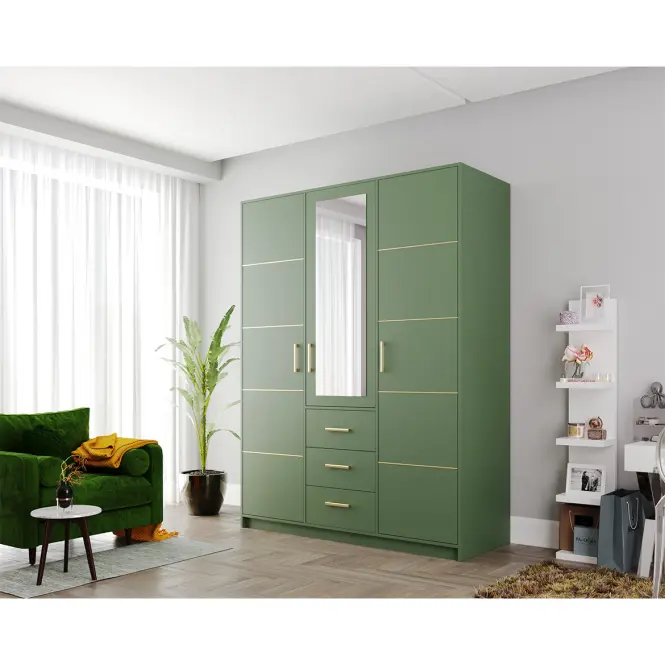 Skriňa Bali D3 147 cm so zrkadlom – fľaškovozelená, trojdverová, zásuvky