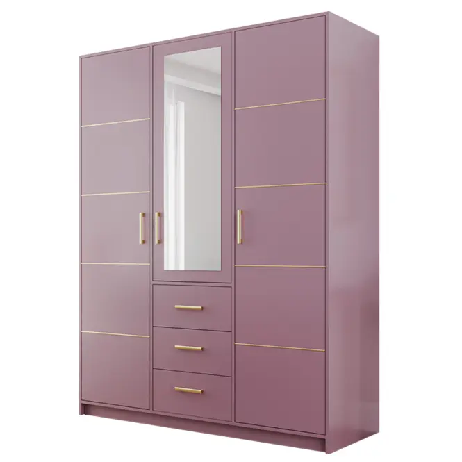 Skriňa Bali D3 147 cm so zrkadlom – slivková, trojdverová, zásuvky