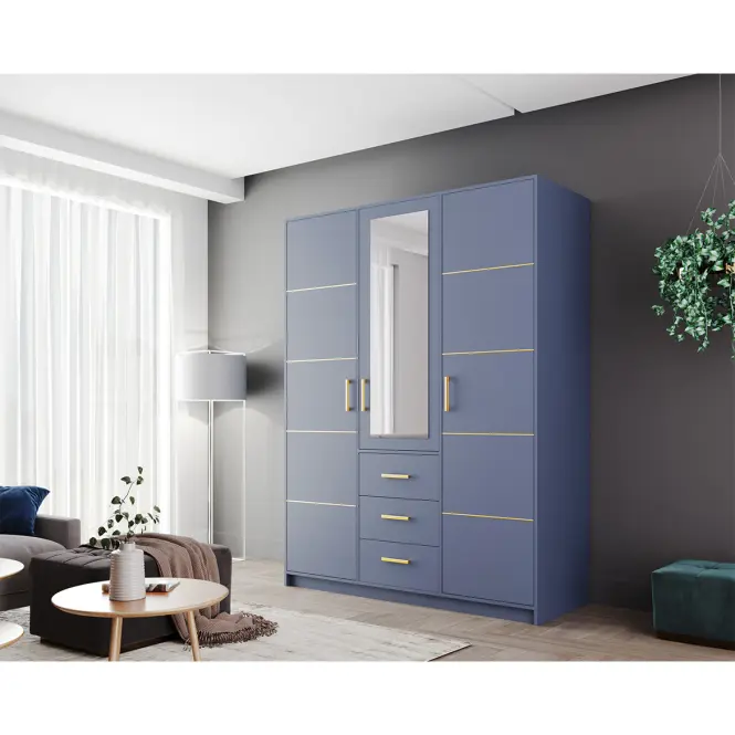 Skriňa Bali D3 147 cm so zrkadlom – tlmená modrá, trojdverová, zásuvky