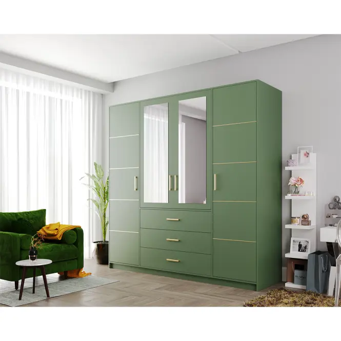 Skriňa Bali D4 196 cm so zrkadlom – fľaškovozelená, štvordverová, zásuvky,4
