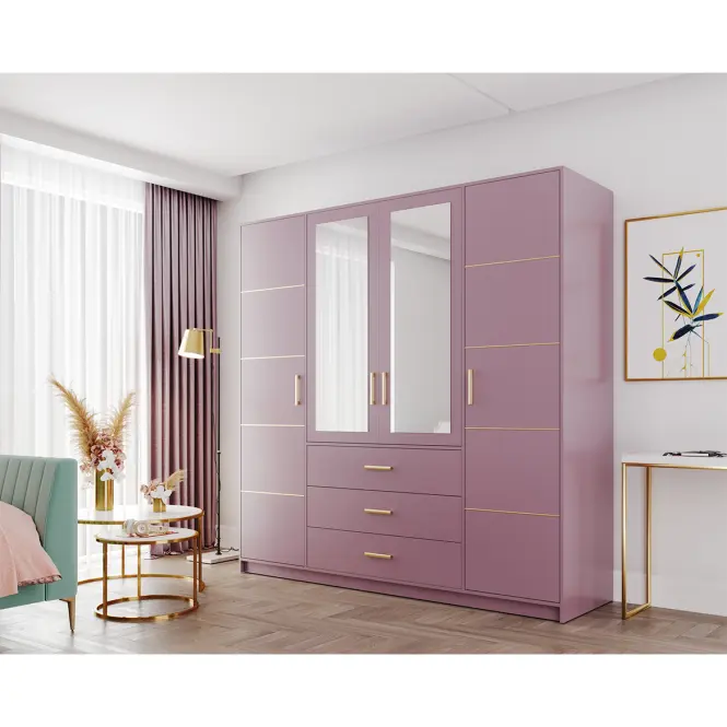 Skriňa Bali D4 196 cm so zrkadlom – slivková, štvordverová, zásuvky