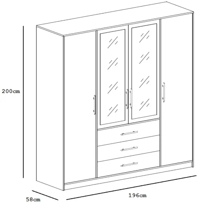 Skriňa Bali D4 196 cm so zrkadlom – tlmená modrá, štvordverová, zásuvky