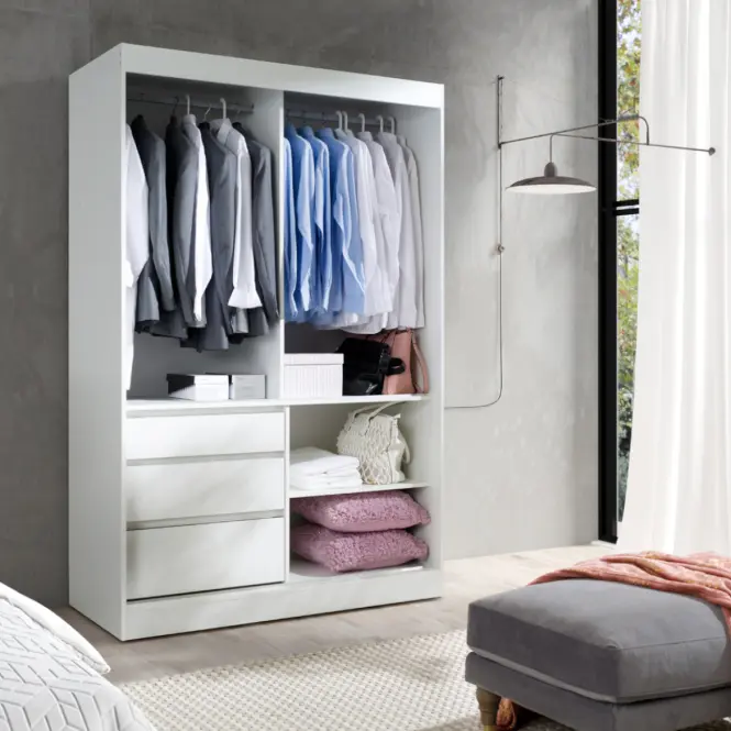 Skriňa s posuvnými dverami Haiti 140 cm – biela, dvojdverová, zásuvky