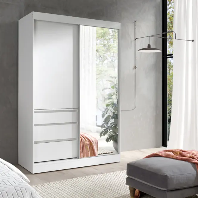Skriňa s posuvnými dverami Haiti 140 cm – biela, dvojdverová, zásuvky