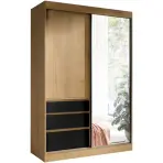 Skriňa s posuvnými dverami Haiti 140 cm – dub lefkas/čierna, dvojdverová, zásuvky