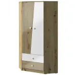 Rohová skriňa Nero 87 cm – dub artisan/biela lesk, dvojdverová, zásuvky