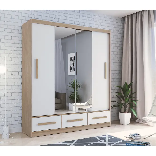 Skriňa s posuvnými dverami Angelica 203 cm so zrkadlom – craft zlatý/biela, dvojdverová, zásuvky