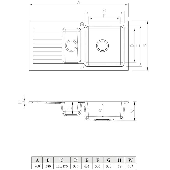 Granitový drez 1,5K 960x480 čierna