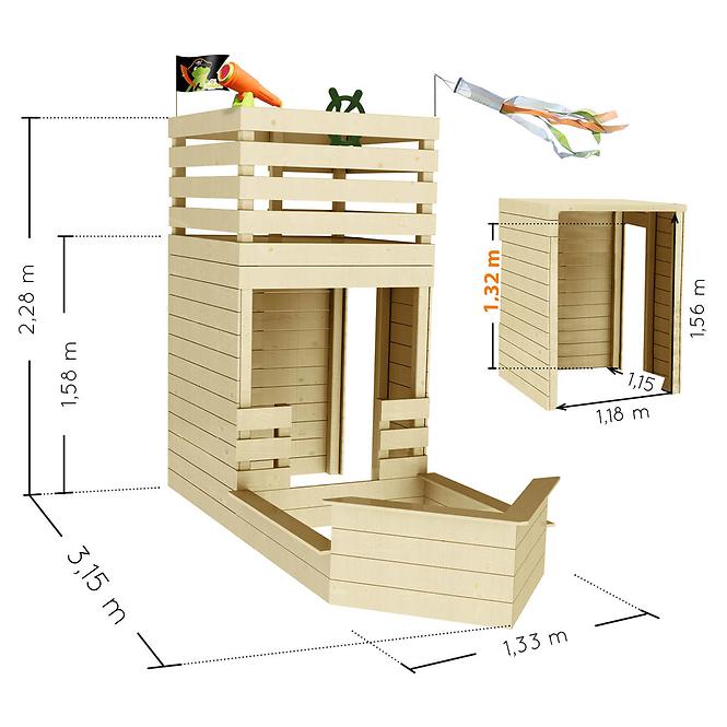 Drevený detský domček HACKER 133x315x228 cm
