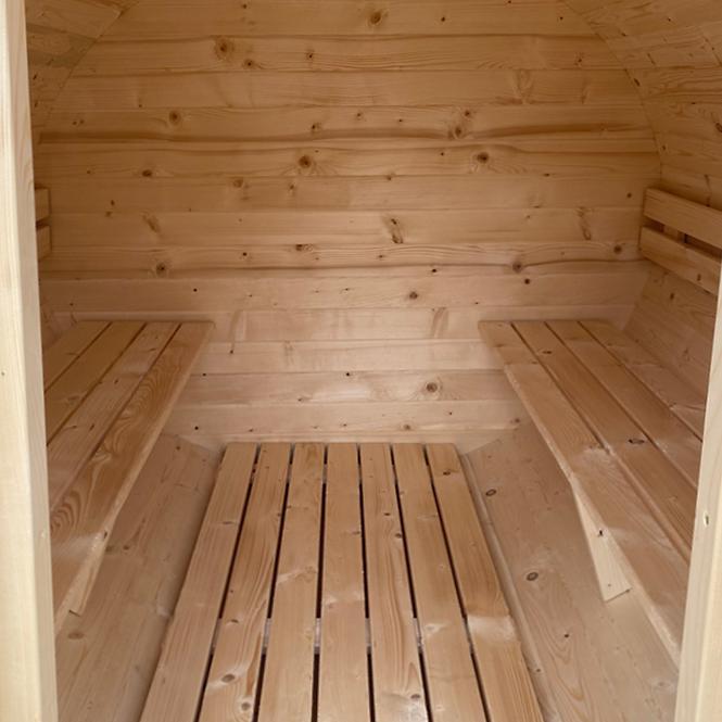 Exteriérová sudová sauna s terasou 2,4 m + pec Harvia