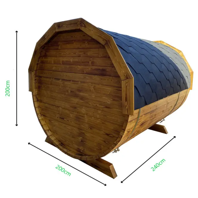 Exteriérová sudová sauna s terasou 2,4 m + pec Sentiotec 100 9 kW,2