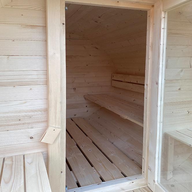 Exteriérová sudová sauna s terasou 2,4 m + pec Sentiotec 100 9 kW
